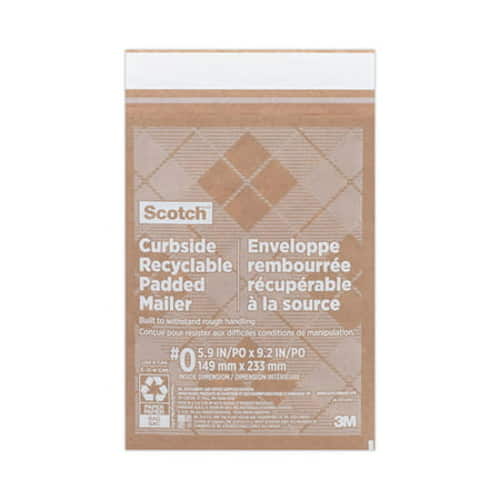 Curbside Recyclable Padded Mailer, #0, Self-Adhesive Closure, Interior Dimensions: 5.9" x 9.2", Natural Kraft, 100/Carton