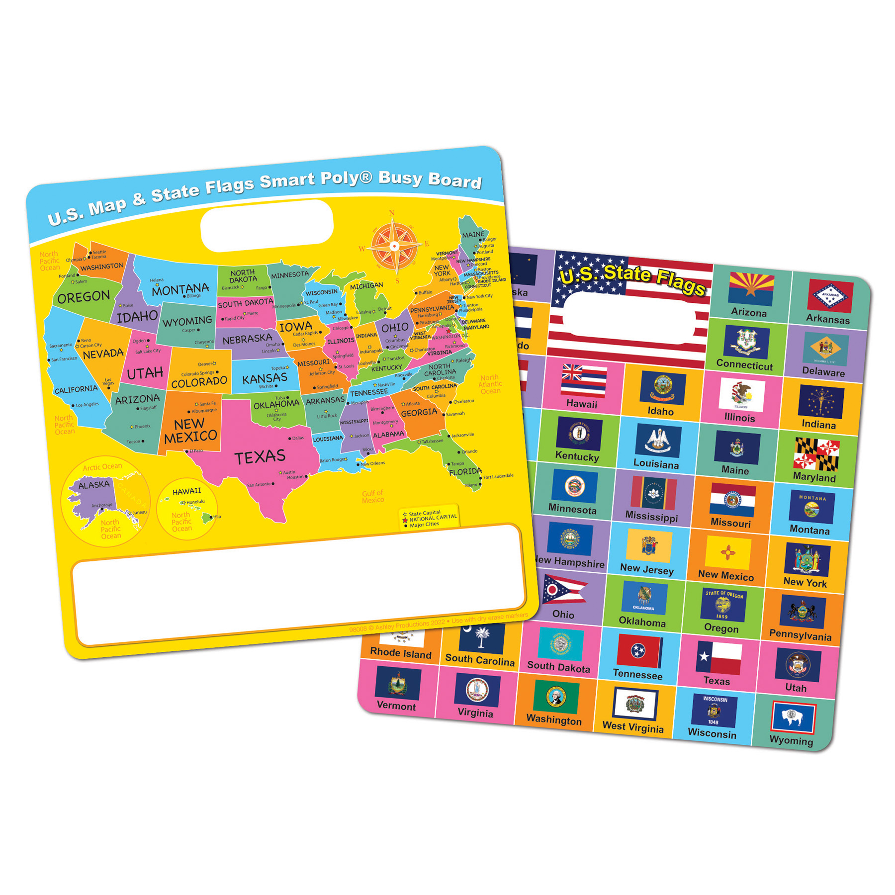 Smart Poly Educational Activity Busy Board, Dry Erase with Marker, 10-3/4" x 10-3/4", US Map/ State Flags