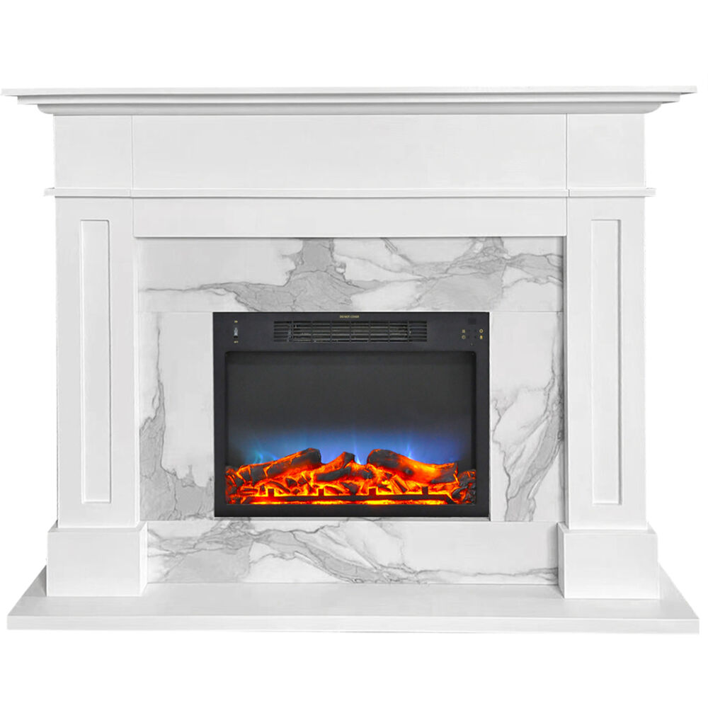 56.7"x17.7"x13.4" Sofia Fireplace Mantel w/ Marble and Log LED Insert