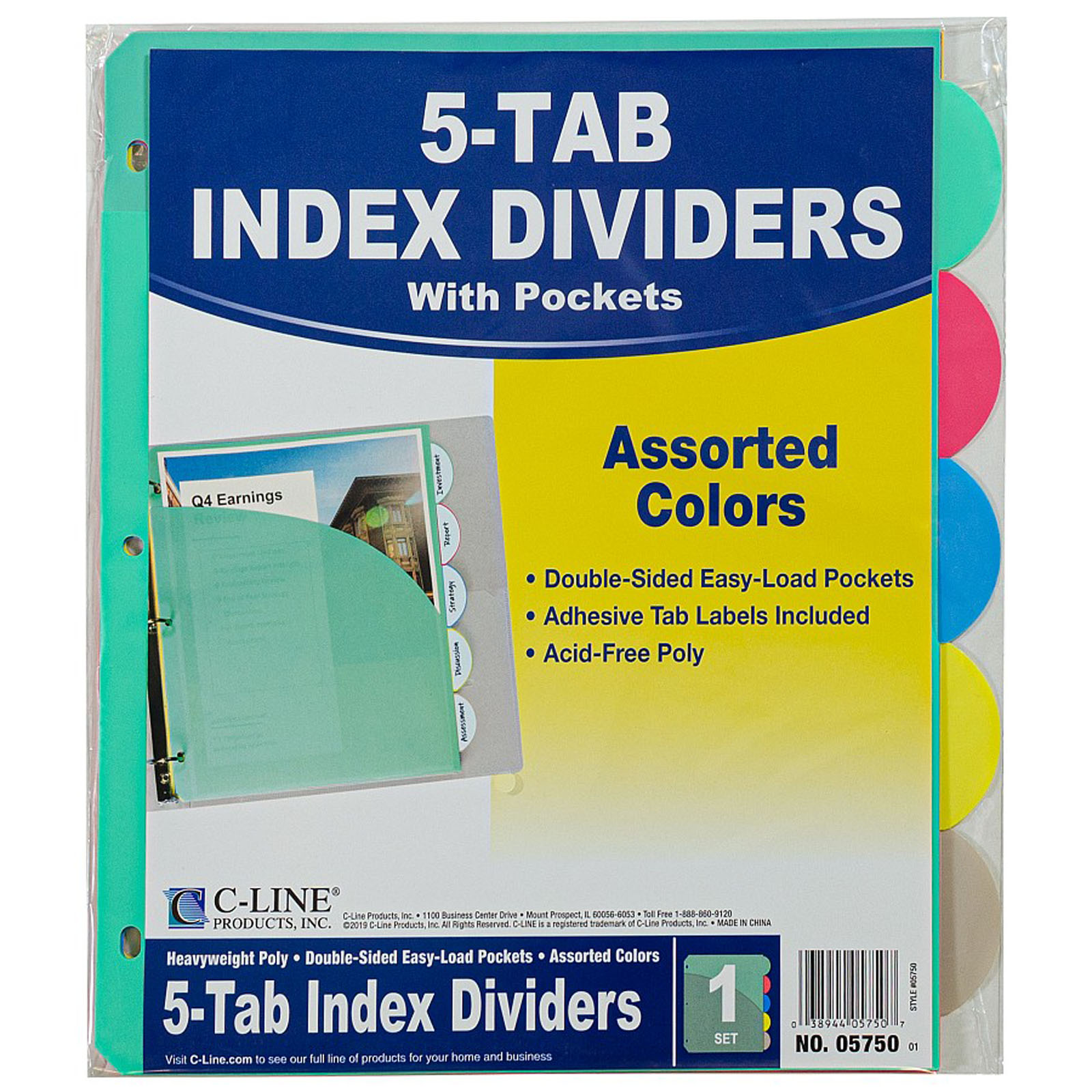5-Tab Poly Index Dividers w/Slant Pocket, Asstd Colors
