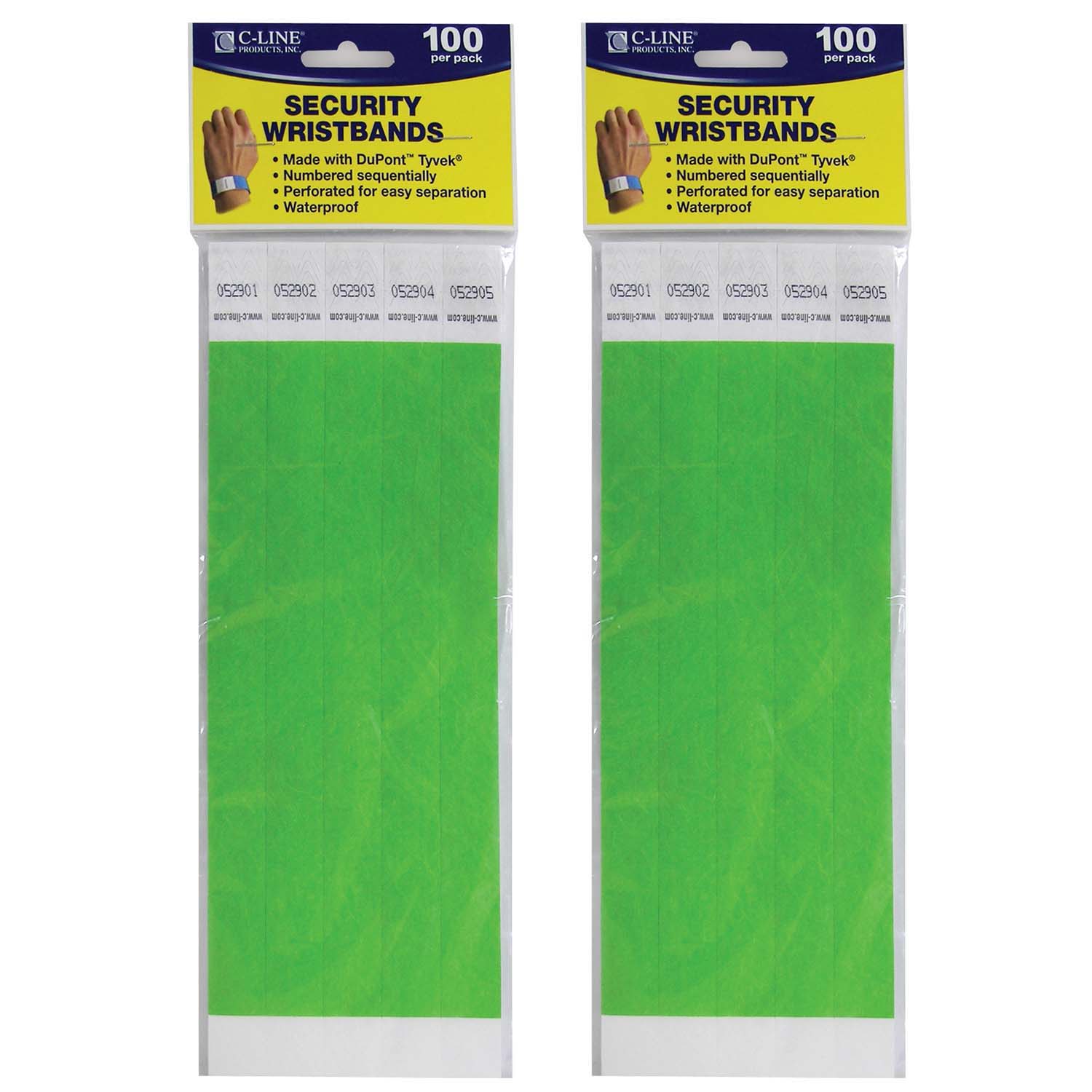 DuPont Tyvek Security Wristbands, Green, 100 Per Pack, 2 Packs