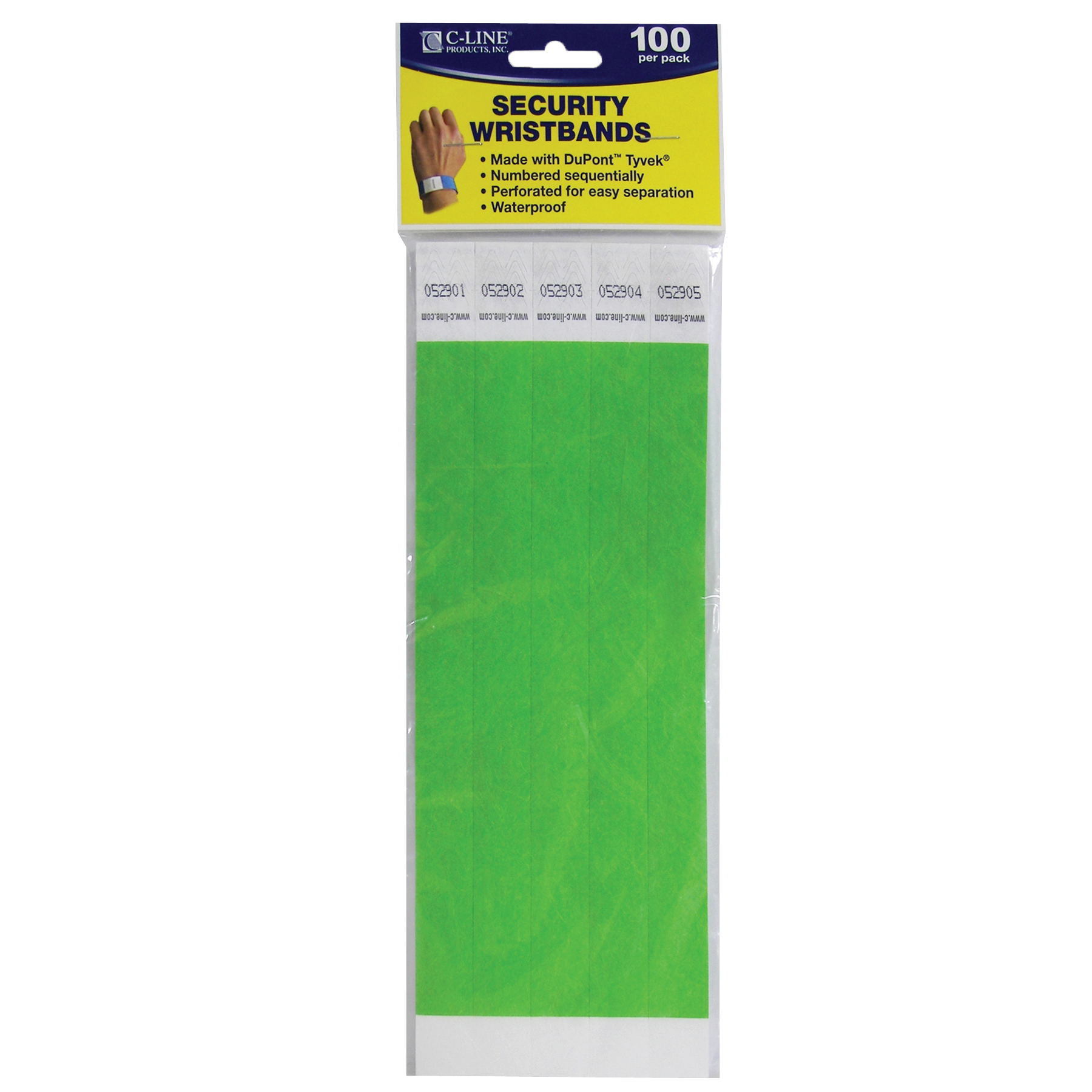 DuPont Tyvek Security Wristbands, Green, Pack of 100