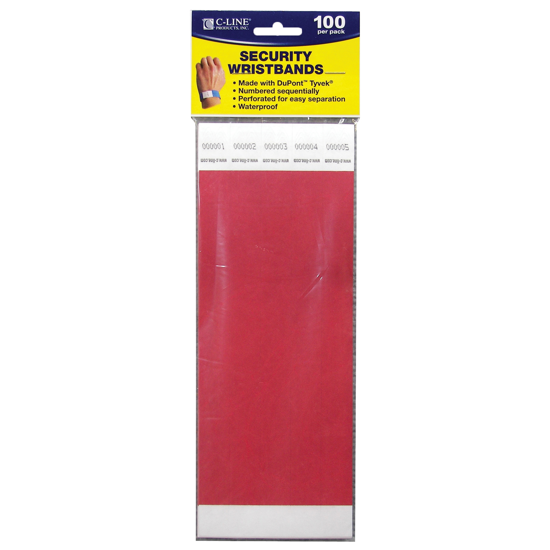 DuPont Tyvek Security Wristbands, Red, 100/Pack