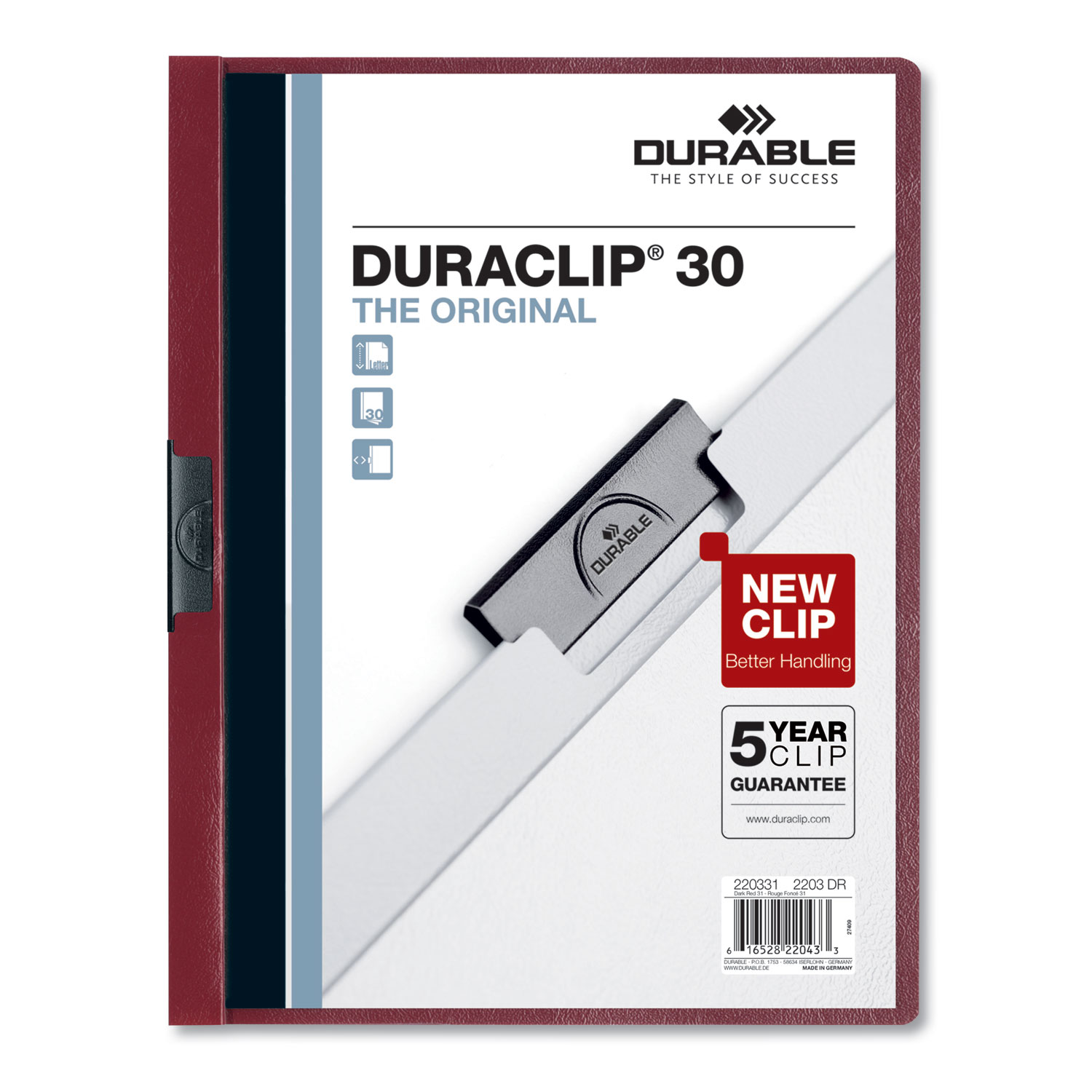 Vinyl DuraClip Report Cover w/Clip, Letter, Holds 30 Pages, Clear/Maroon