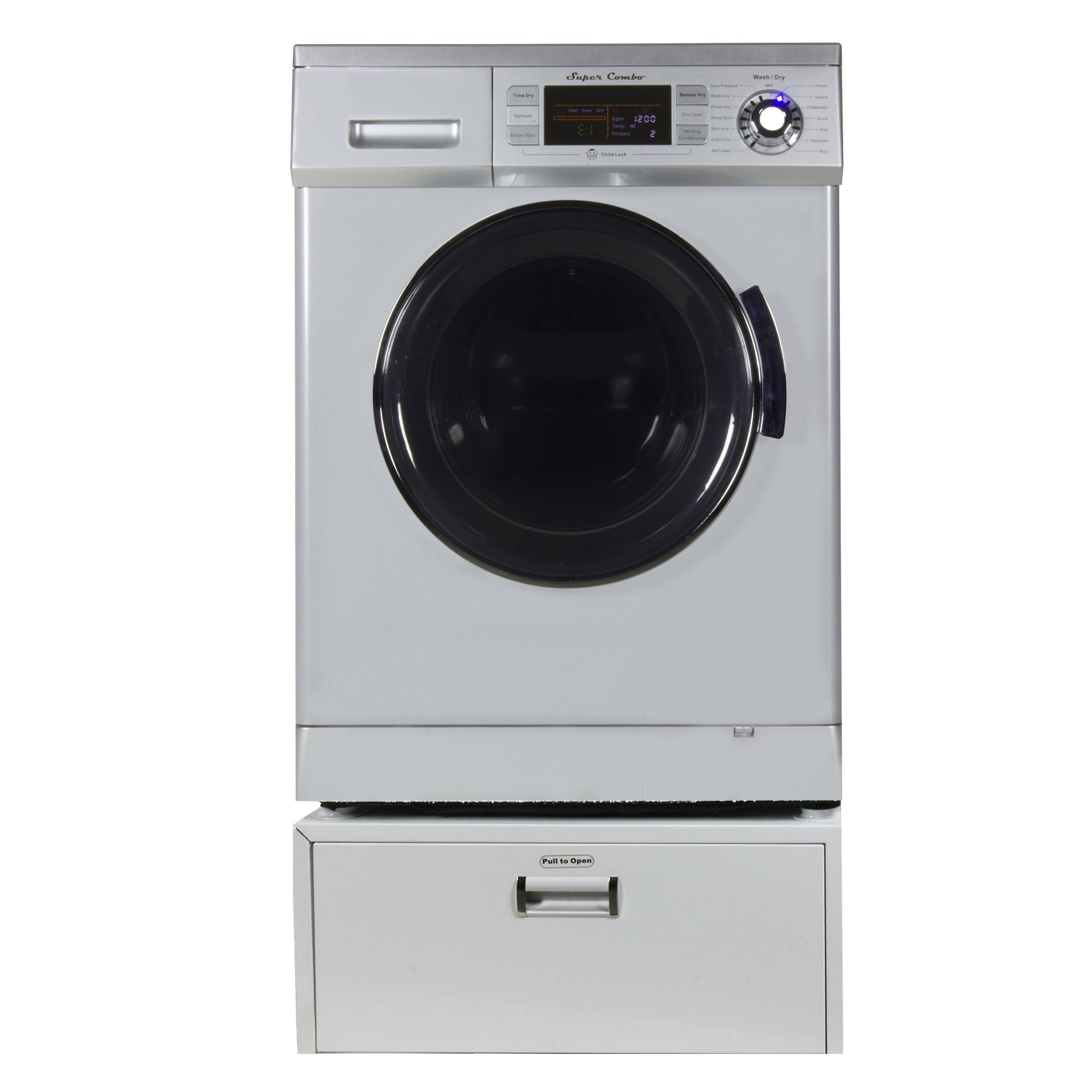 13  lbs All in one Combo Washer/Dryer with Pedestal, Silver.