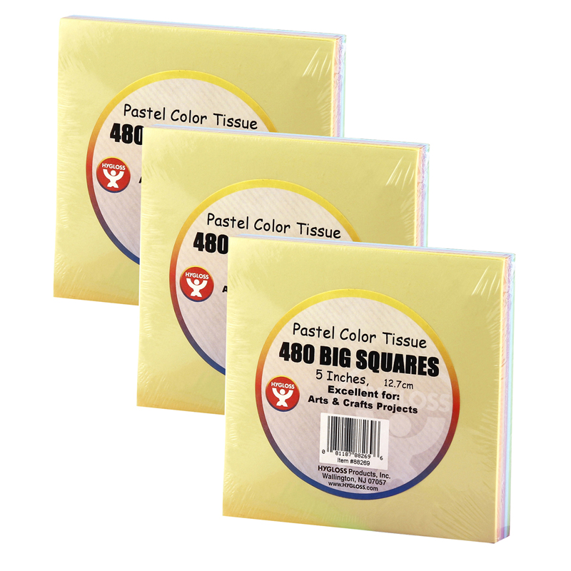 5" Tissue Squares, Pastel Colors, 480 Per Pack, 3 Packs