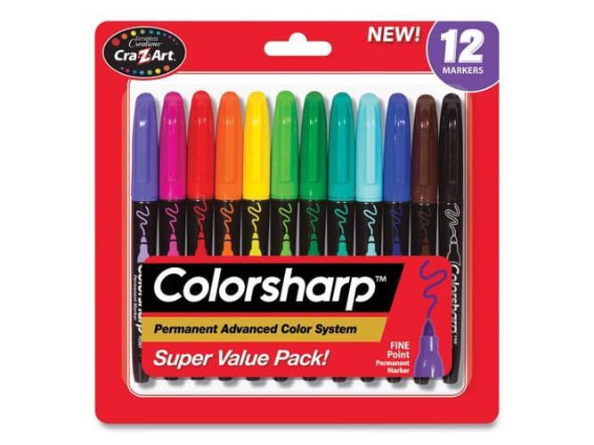 Colorsharp Permanent Markers, Fine Bullet Tip, Assorted Colors, 12/Set