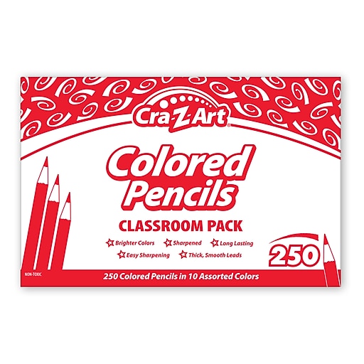 Colored Pencils, 10 Assorted Lead/Barrel Colors, 250/Set