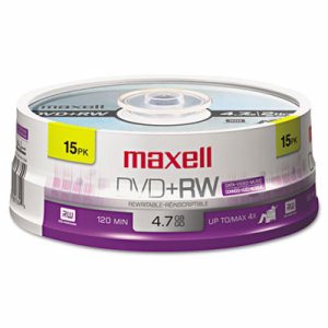 DVD+RW Discs, 4.7GB, 4x, Spindle, Silver, 15/Pack