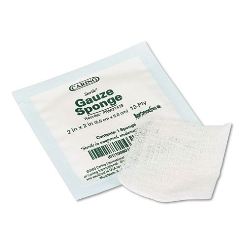 Caring Woven Gauze Sponges, 2 x 2, Sterile, 12-Ply, 2400/Carton