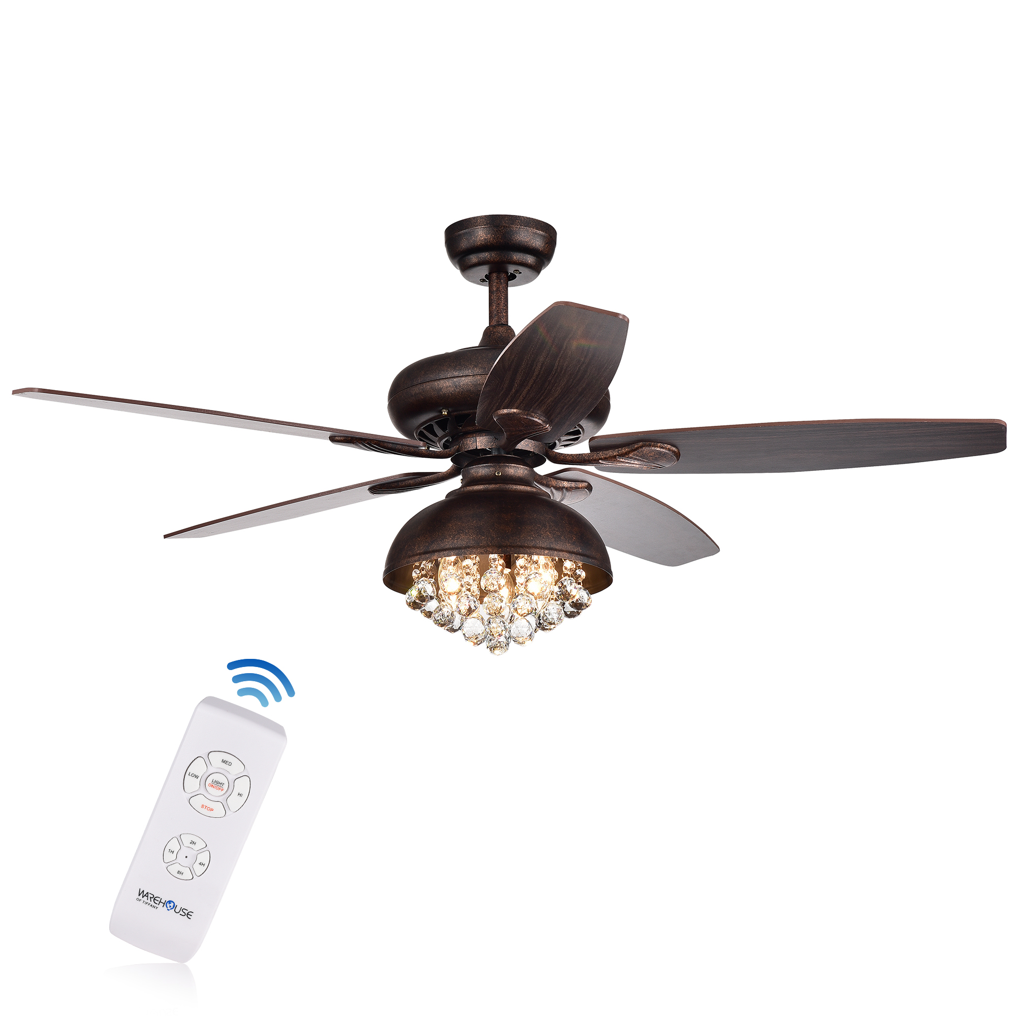 Fredix 5-Blade 52-Inch Speckled  Bronze Ceiling Fan with Hooded Crystal Chandelier (Remote Controlled & 2 Color Option Blades)