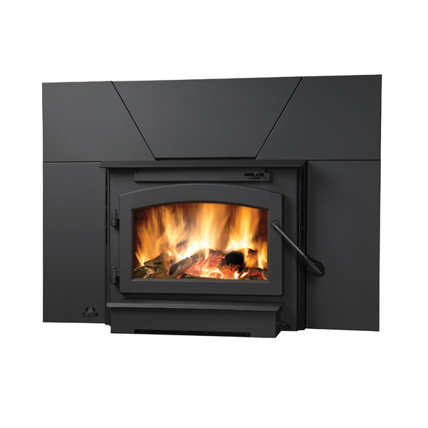 EPI22 Timberwolf Small Wood Burning Fireplace Insert with Blower Kit, Black Door and Surround