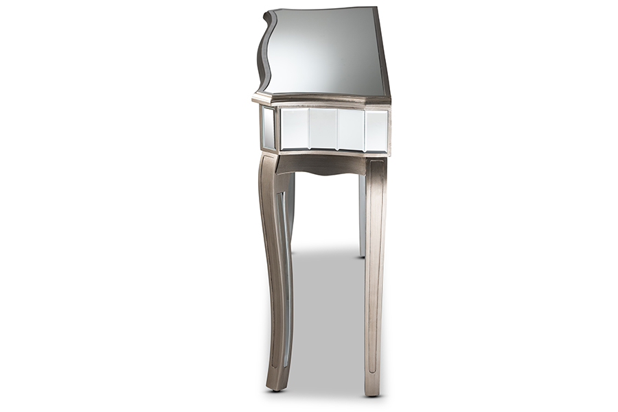 Baxton Studio Elgin Contemporary Glam and Luxe Brushed Silver Finished Wood and Mirrored Glass Console Table